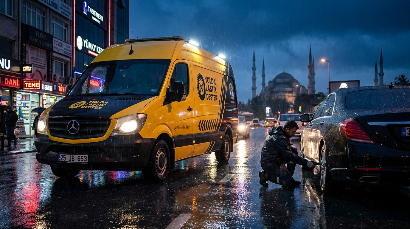 Yolda Lastik Destek mobil ekibi gece İstanbul'da yol kenarında araca lastik değiştiriyor