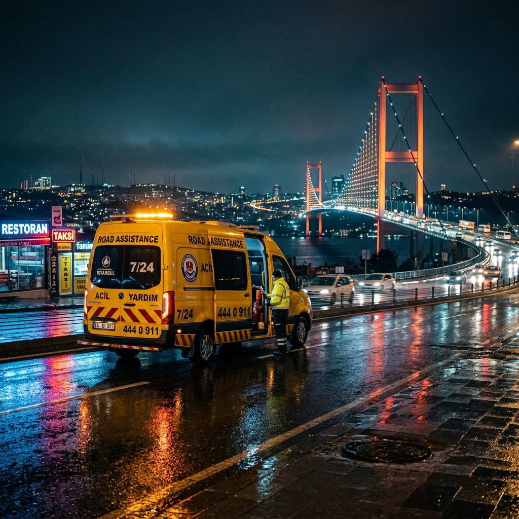 Boğaz köprüsü önünde 7/24 mobil lastik yol yardım aracı